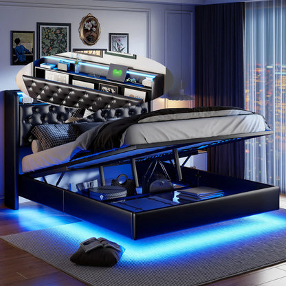 Gestoffeerd Tweepersoonsbed – Dubbel Bed – Opbergbed – Met Hoofdbord – Bedframe 140x200 cm – Stevig Metalen Frame – Hydraulische Opbergruimte