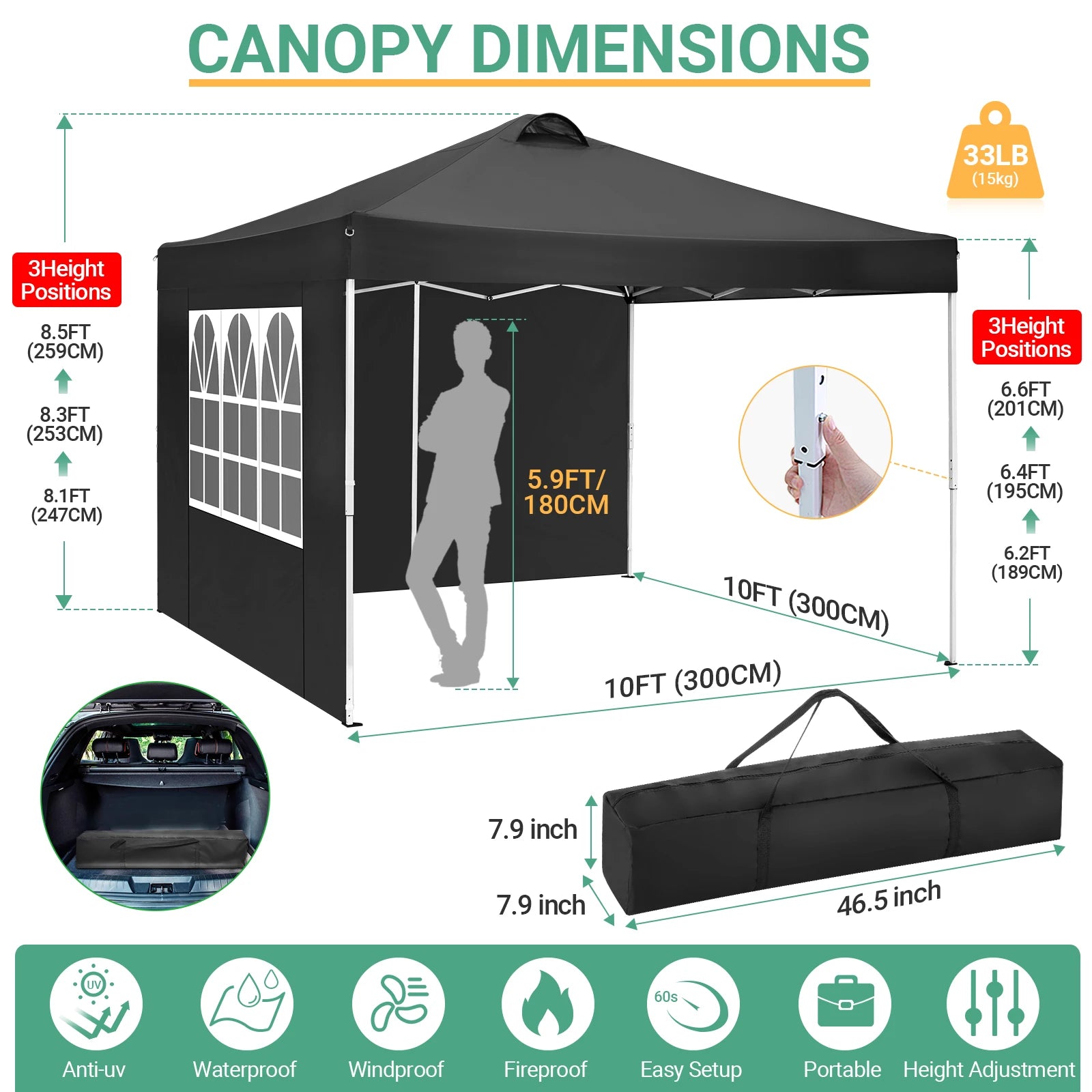 Vouwtent – Overkapping – Partytent – Schaduwdoek – Buitenpaviljoen – Waterdicht 210D Oxford – Inclusief Zijwanden Met Ramen - 3x3m - Zwart - QUORE