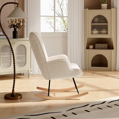 Schommelstoel – Rocking Chair – Relaxstoel – Wiegstoel – Fauteuil – Roze – Scandinavisch Design – Comfortabele Teddy Bekleding – Stevig Houten Frame