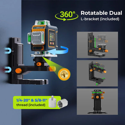 16-lijnen lasernivelleerder – laser waterpas – bouwlaser – nivelleermachine – kruislaser – 4×360° groene lasers – automatische nivellering met app bediening - QUORE