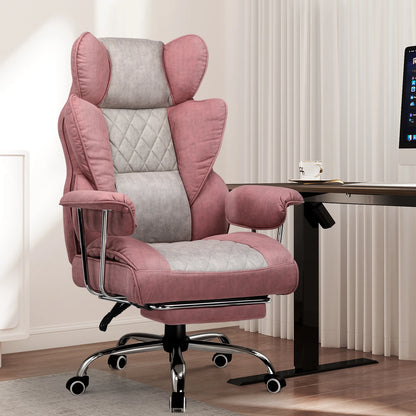 Ergonomische Bureaustoel - Gaming Stoel - Bureaustoelen Stoelen - met Pocketvering Rugsteun -Verstelbare Voetsteun - Comfortabele Brede Zitting - 90-135° Kanteling - met Armleuningen en Wieltjes - Grijs-roze - Stof