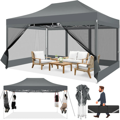 Tuinpaviljoen - Tuintent Opvouwbaar – Partytent – Campingtent – Verandatent – Insectenbeschermd – Waterdicht 420D Oxford – Verstelbare Hoogte - 3 x 4.5 m - Grijs