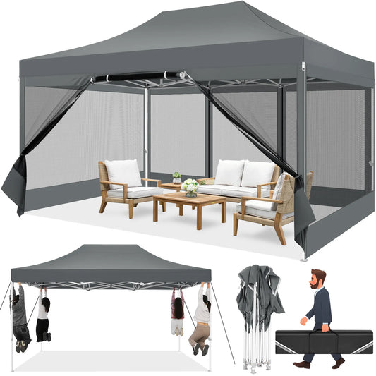 Tuinpaviljoen - Tuintent Opvouwbaar – Partytent – Campingtent – Verandatent – Insectenbeschermd – Waterdicht 420D Oxford – Verstelbare Hoogte - 3 x 4.5 m - Grijs