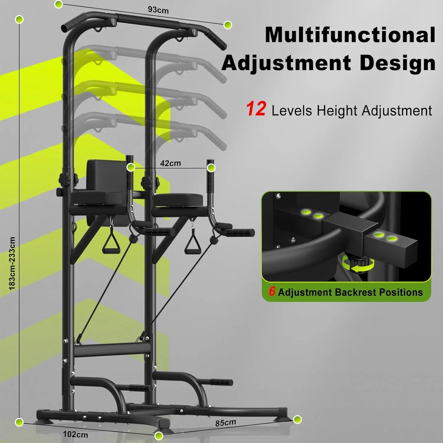 Power Tower - Pull Up Station - Bar - Rack - Dip - Push Up - Multifunctionele - Inclusief Weerstandsbanden - Verstelbaar - Oefening Abdominale Oefeningen - voor Thuis Gym Krachttraining - Zwart - QUORE