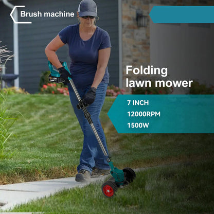 Accu Grastrimmer - Grasmaaier - Bosmaaier - Opvouwbaar - Verstelbaar - met Wielen - Maaiaccessoires - 2x Batterij - 1500W - 12000 RPM - 3 Soorten Messen - 125mm Snijbreedte - 15000mAh - Turkoois