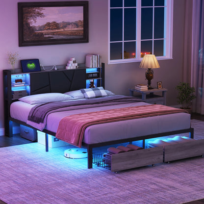 Modern Gestoffeerd Tweepersoonsbed – Gestoffeerd Bed – Opbergbed – Led Bed – Metalen Bedframe – 160x200 CM – Usb-Laadpoort – Ruime Opberglades