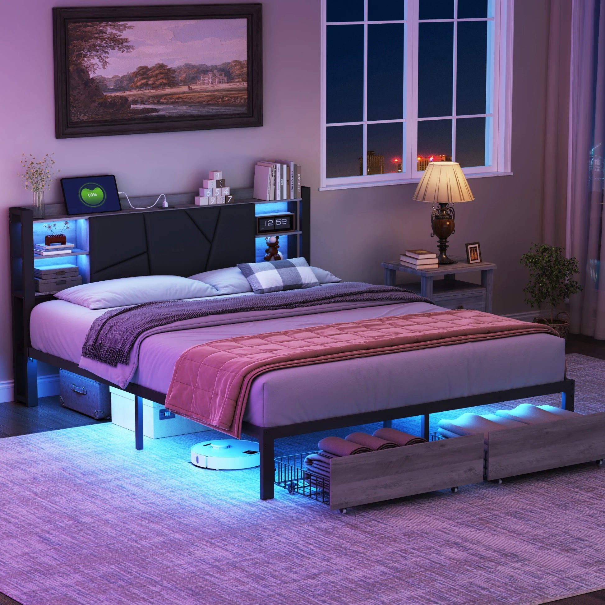 Modern Gestoffeerd Tweepersoonsbed – Ledikant – Bedframe – Slaapkamerbed – Opbergladenbed – 140x200 CM – Met Led-Verlichting & Usb-Oplaadpoort - QUORE