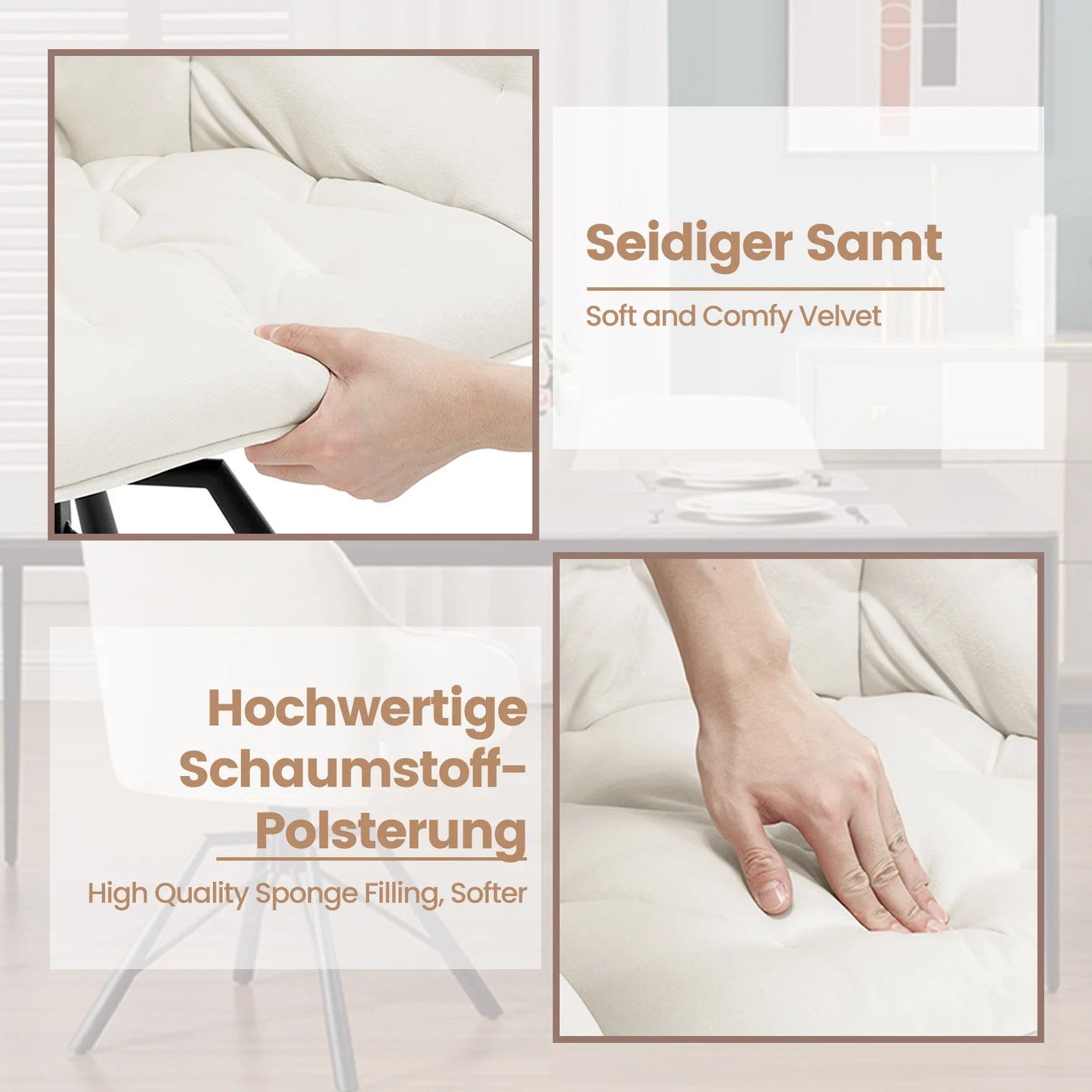 Draaibare Eetkamerstoelen – Set van 2 - Eetstoel – Bureaustoel – Leesstoel – Comfortstoel – Ergonomisch Design – 360° Draaibaar - Fluweel - Crème
