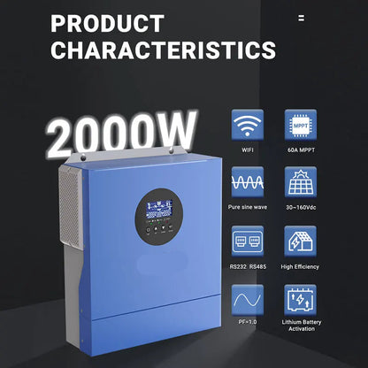 Solar Inverter – Zonne-Omvormer – MPPT Laadregelaar – 12V - 60A - 2000W Omvormer – WiFi Monitoring – Pure Sinusgolf Uitgang