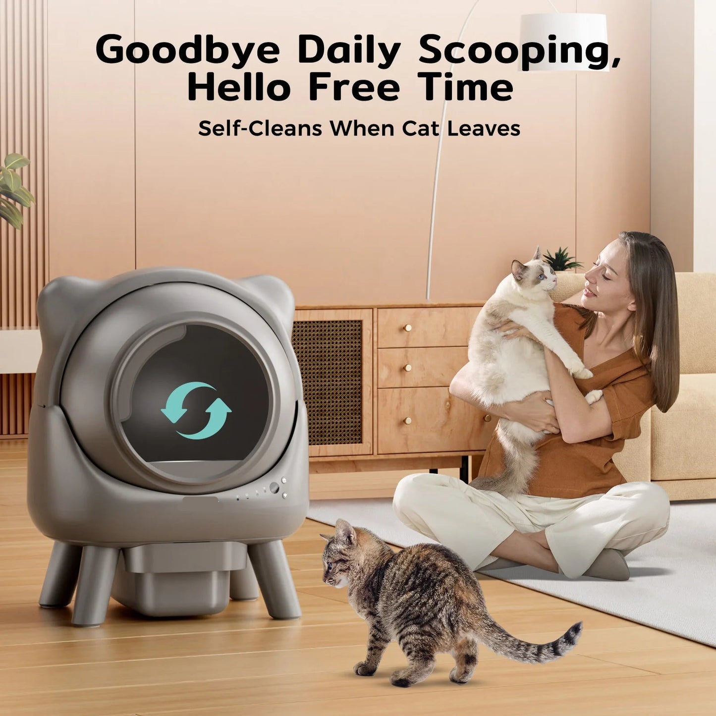 Automatische Kattenbak – Zelfreinigende Kattenbak – Slimme Kattenbak – App-Kattenbak – 60 Liter Inhoud – Geurfilter – Stil Onder 32dB - Grijs