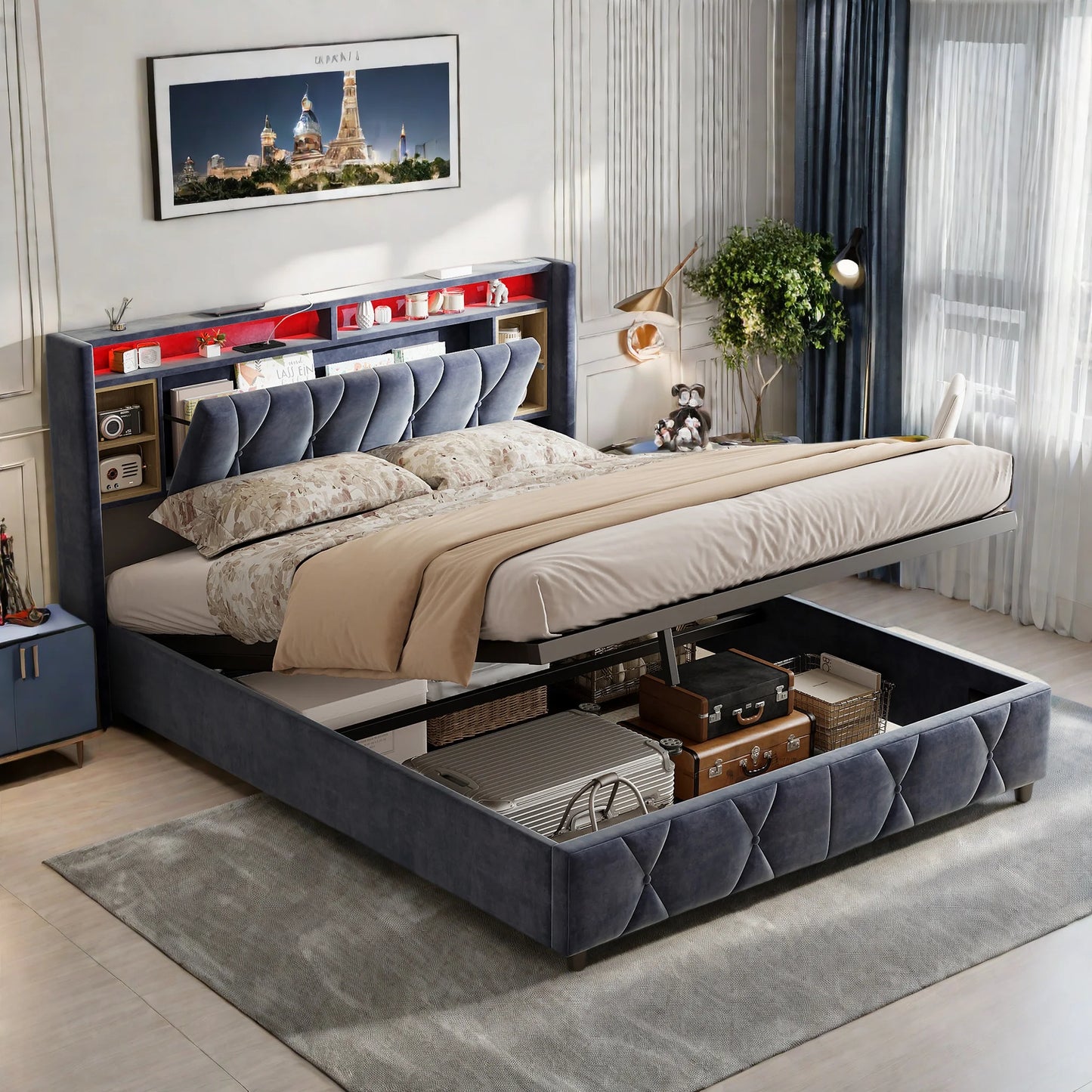 Tweepersoonsbed – 2-Persoonsbed – Boxspring – Bedframe – Slaapbed – 160x200 cm – Fluwelen Bekleding – Hydraulische Opberglade met LED-Hoofdbord en USB-poorten