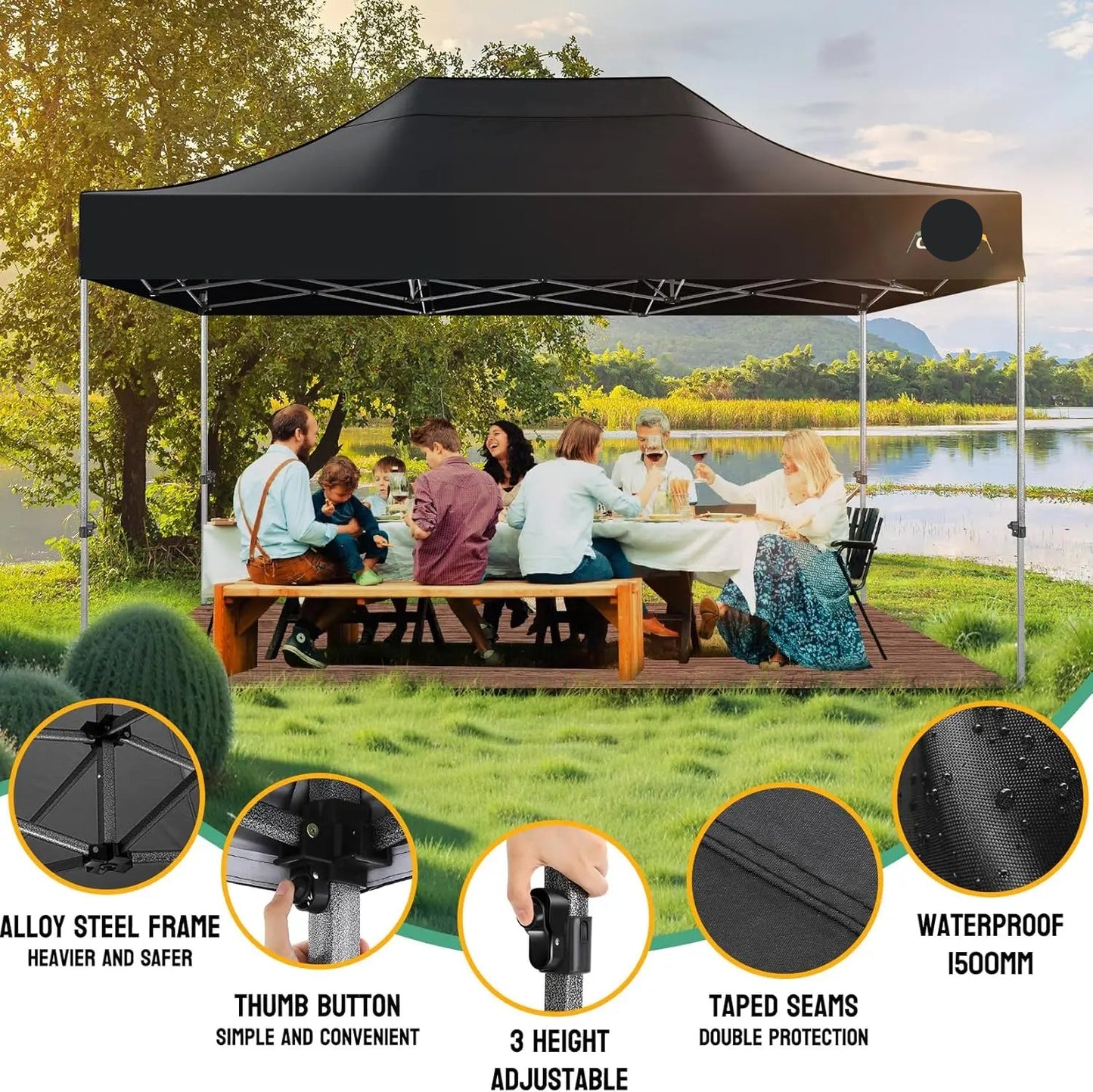 Partytent – Tuinpaviljoen – Overkapping – Tent – Waterdicht – 3 X 4,5 Meter – UV-Bescherming 50+ - Zwart