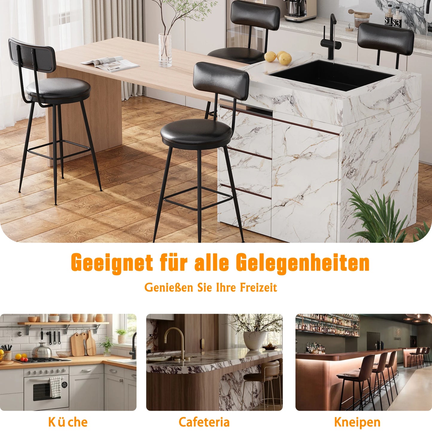 Barkrukken – Barstoelen – Hoge Stoelen – Keukenstoelen – Eetkamerstoelen – Zwart – PU Kunstleer – Stevig Metalen Frame – Set van 4