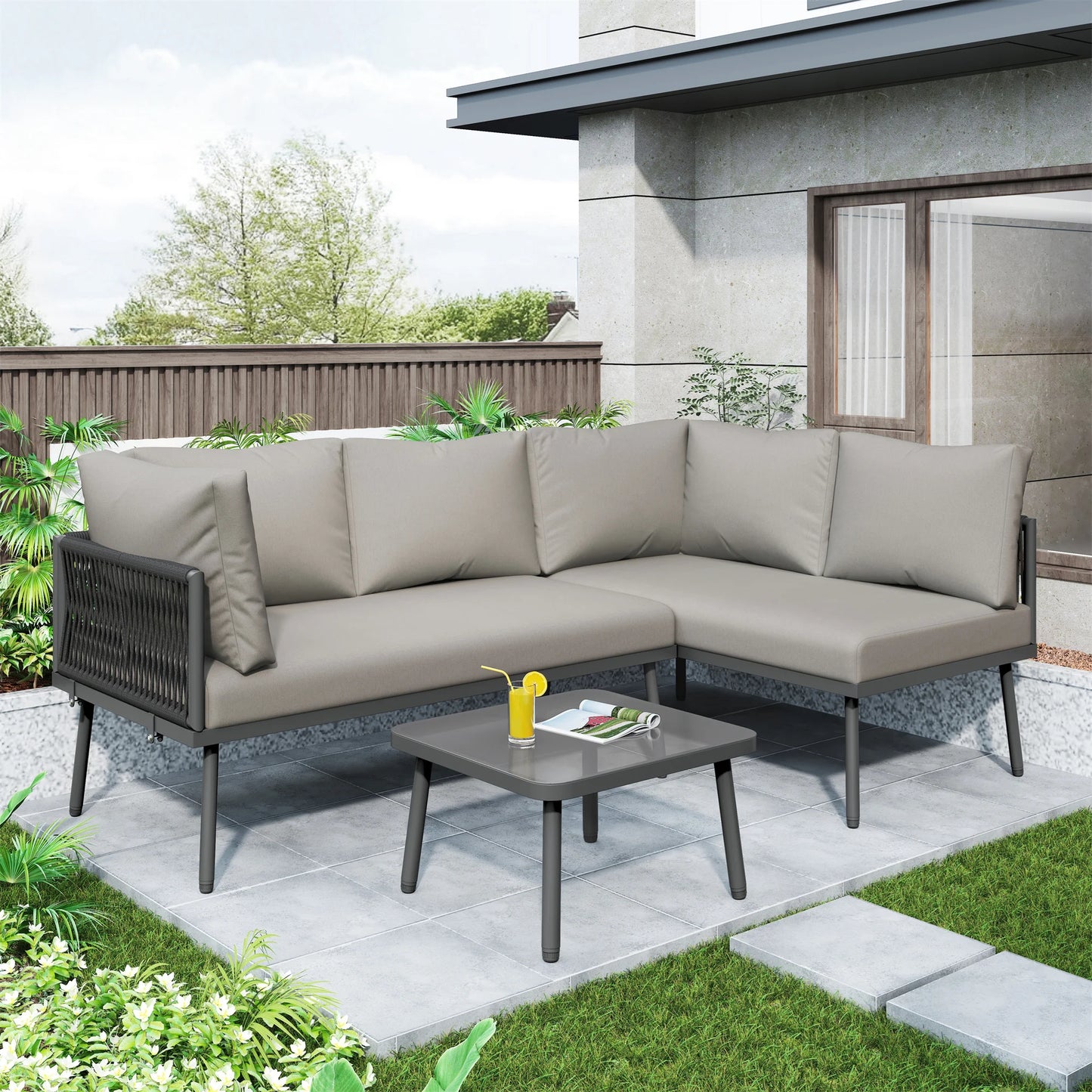 L-Vormige Tuin Loungeset – Hoekbank – Tuinmeubelen – Buitenbank – Loungesofa – Handgeweven Rope – 10 Cm Dikke Kussens