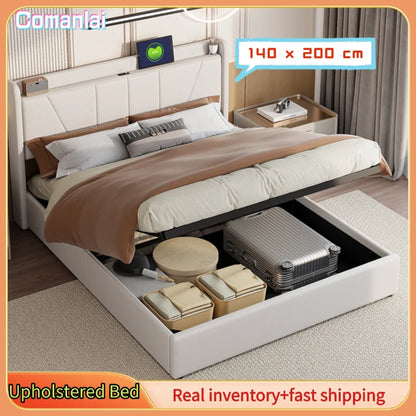 Comanlai 140 x 200 cm Upholstered Bed,Hydraulic Storage Bed,with USB and Type-C,Youth Bed,Without Mattress,Linen Fabric,Beige