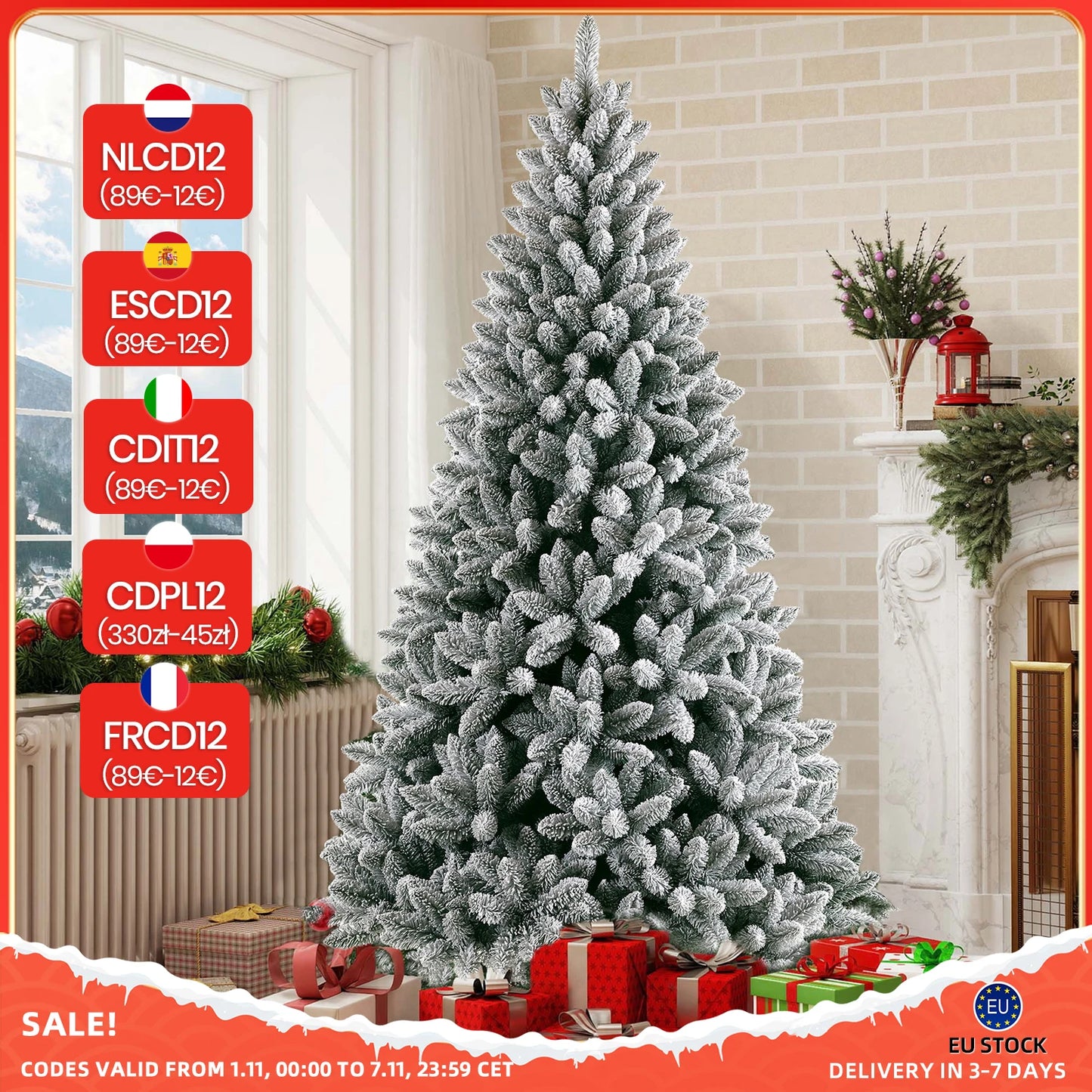 Witte Kunstkerstboom – Kunstkerstboom – Nephboom – Kerstboom Met Sneeuweffect – Winterboom – 210 cm Hoog – 100% PVC Met 1381 Takpunten & Metalen Standaard