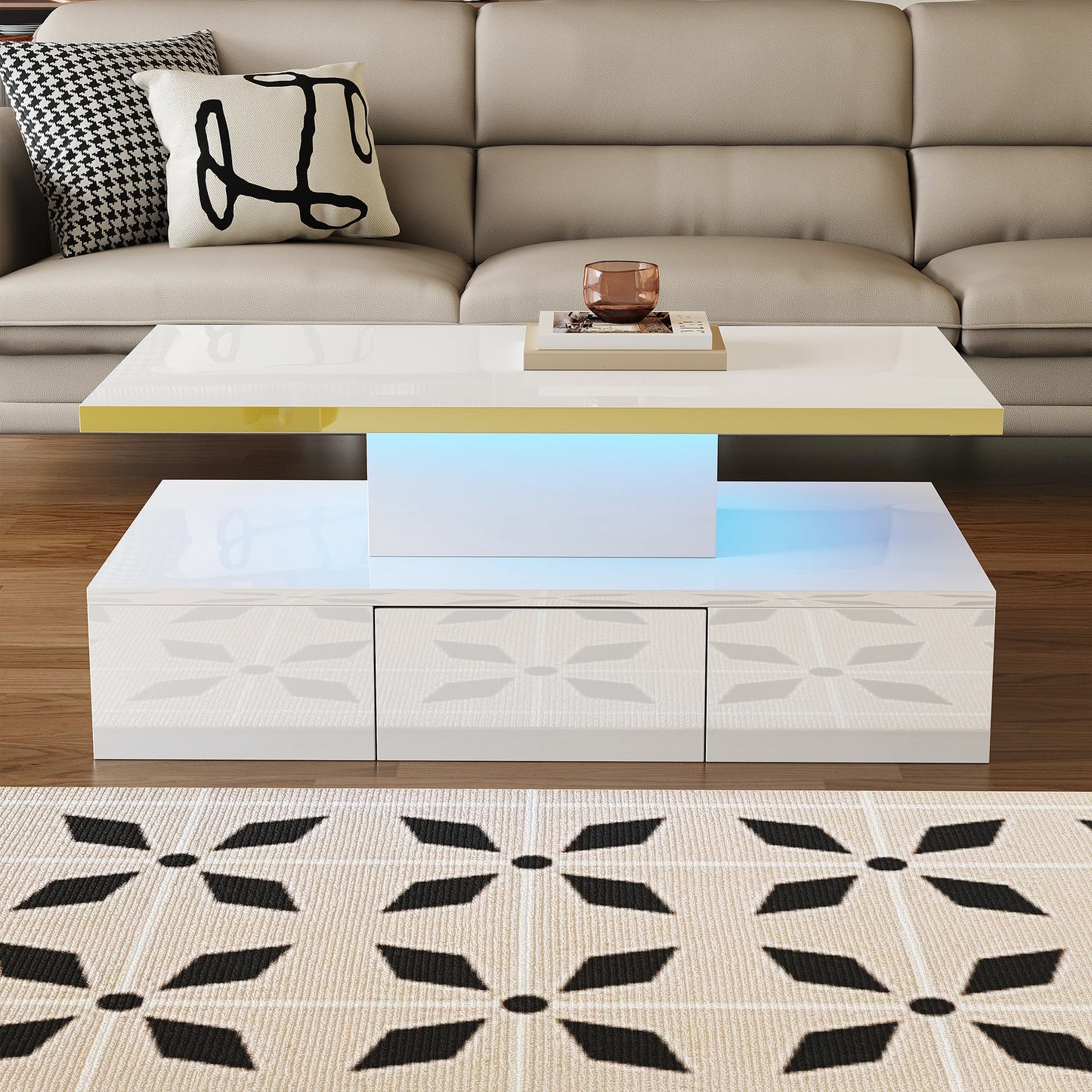 Salontafel – Koffietafel – Woonkamertafel – Tafel – Hoogglans Wit – Twee Niveaus – Verborgen Lade -  Wit en Zwart