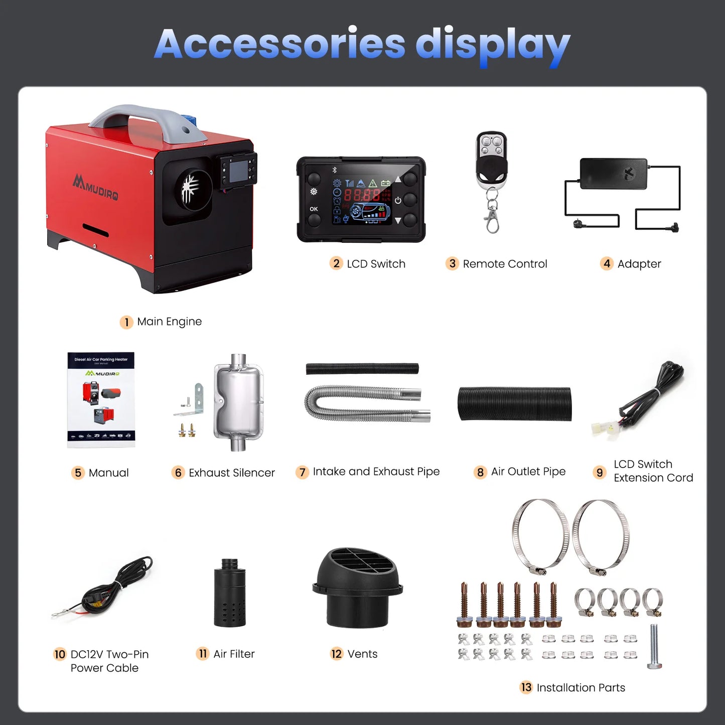 Dieselkachel – Dieselkachel Luchtverwarmer – Standkachel – Dieselverwarming – 8 kW Vermogen – Bluetooth en LCD Bedieningspaneel – Auto Start-Stop – 1,5m Kabel – Hoge Hoogte Modus