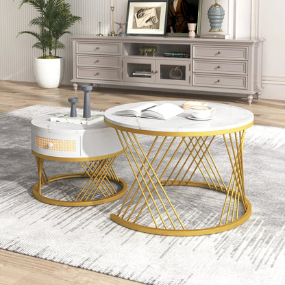 Salontafel Set – Bijzettafel – Ronde Tafel – Woonkamermeubel – MDF Marmerprint – Lade Opbergruimte – Metalen Gouden Pooten