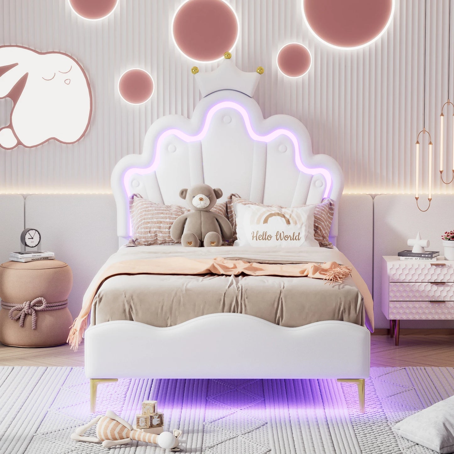 Prinsessenbed – Kinderbed – Eenpersoonsbed – Slaapbank – Jeugdbed – Wit – 90x200 cm – Kroonvormig Hoofdbord – LED-Verlichting
