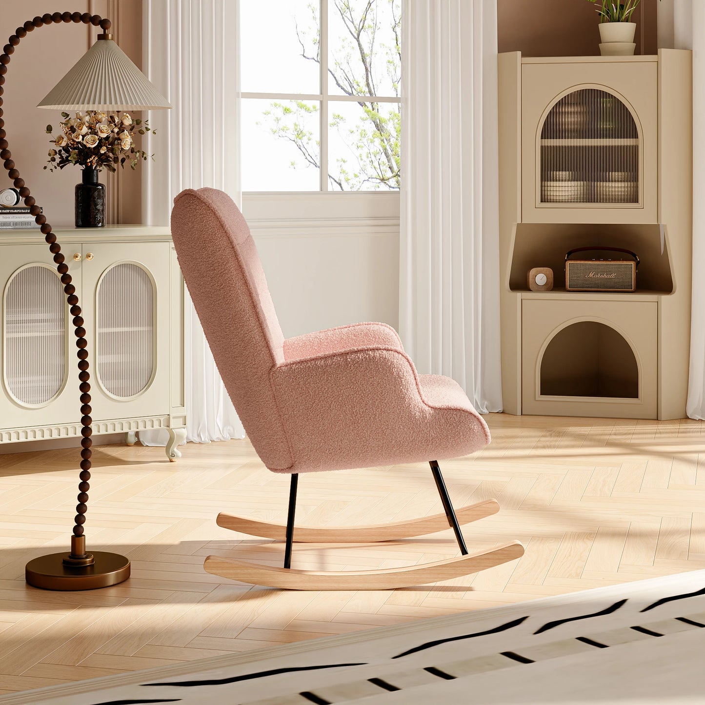 Schommelstoel – Schommelstoel Met Armleuningen – Schommelstoel Voor Woonkamer – Fauteuil – Schommelzetel – Roze Teddy Fleece – Massief Houten Frame Met Hoog Draagvermogen