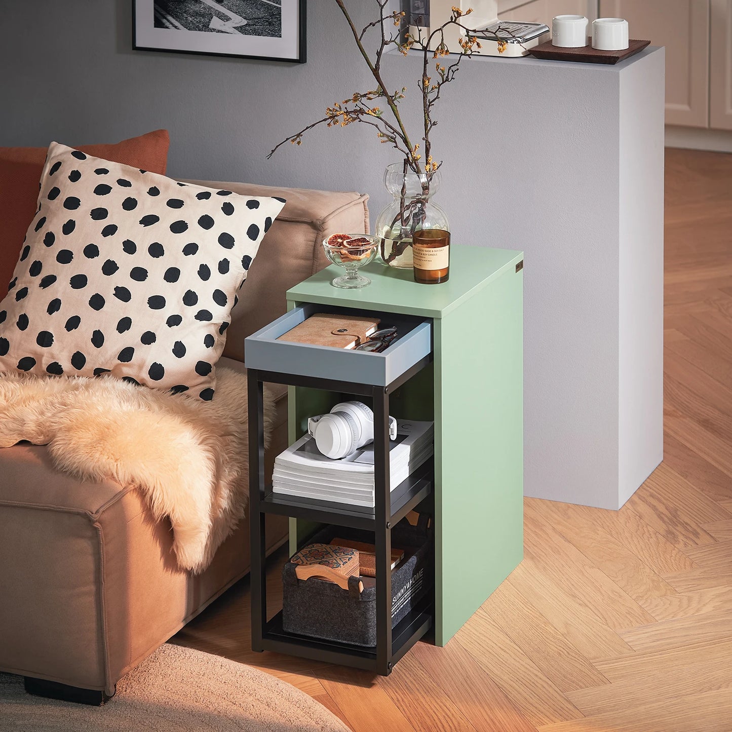 Bijzettafel set – Bijzettafel – Koffietafel – Laptoptafel – Nachtkastje – Groen – Compact en Stapelbaar – MDF Blad met Zwart Metalen Frame - QUORE