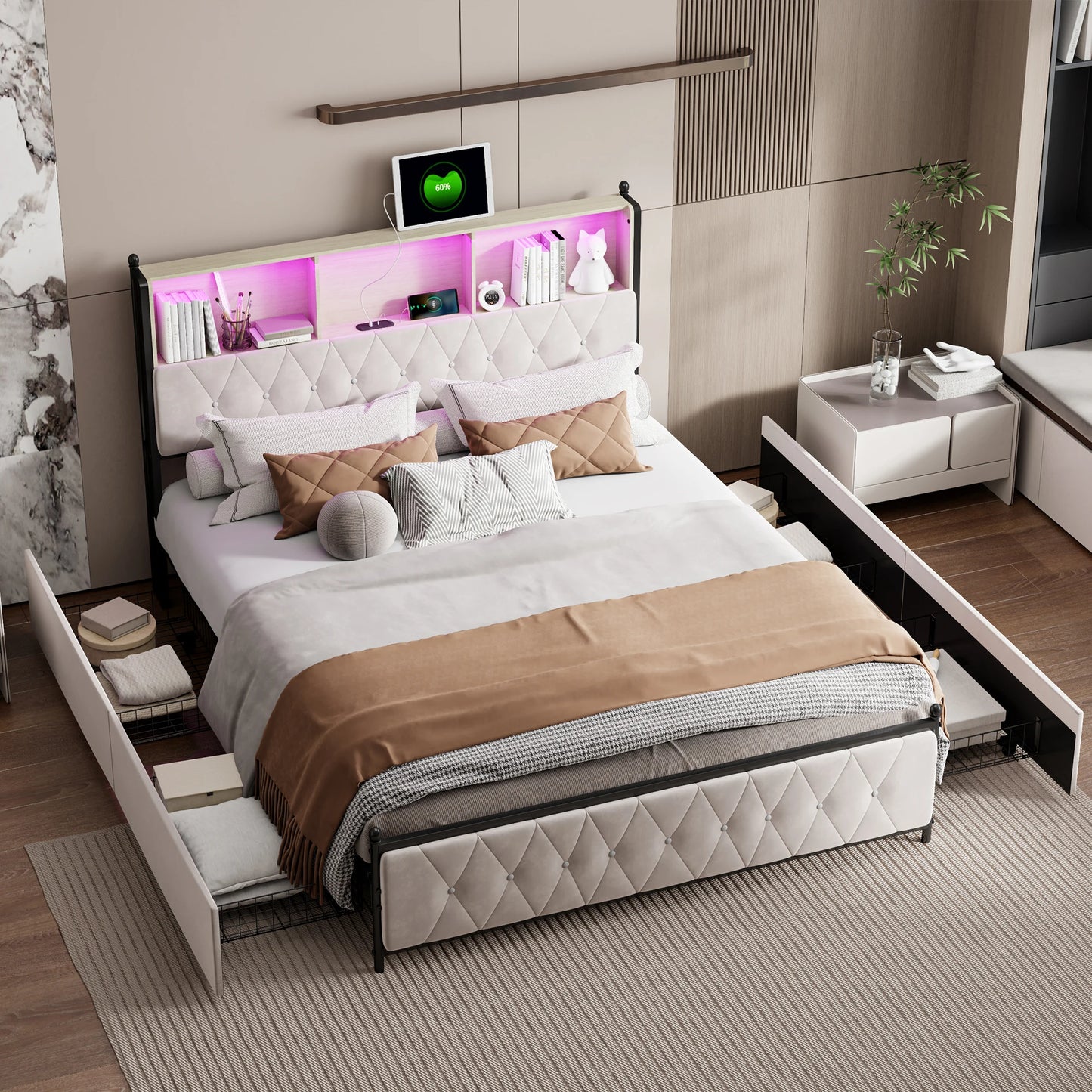 Gestoffeerd Tweepersoonsbed – Opbergbed – Bed Met Lade – Bed Met Opbergruimte – Velours Bed – 160x200 cm – LED-verlichting – USB Oplaadpoort