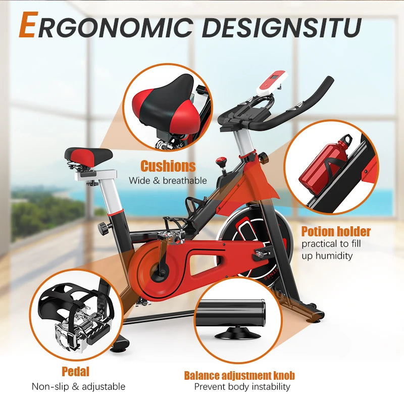 Fitness Fiets - Hometrainer - Indoor Cycle - met LCD Monitor - Stille Stationaire - Cardio - Weerstandssysteem Magnetisch - Transportwielen - Hartslagfunctie - voor Gewichtsverlies - 120kg - Rood-zwart