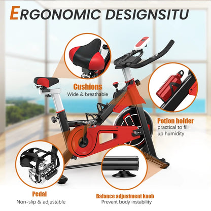 Fitness Fiets - Hometrainer - Indoor Cycle - met LCD Monitor - Stille Stationaire - Cardio - Weerstandssysteem Magnetisch - Transportwielen - Hartslagfunctie - voor Gewichtsverlies - 120kg - Rood-zwart