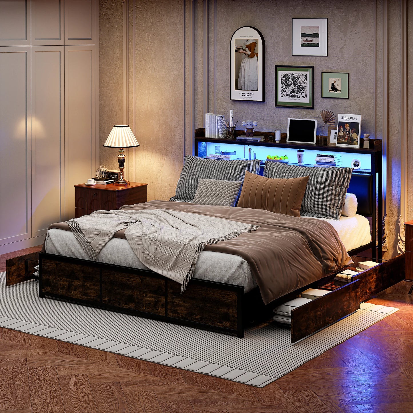 Led Bed – Opbergbed – Tweepersoonsbed – Gestoffeerd Bed – Slaapbank – 140x200 cm – LED Verlichting & 4 Lade Opbergruimte