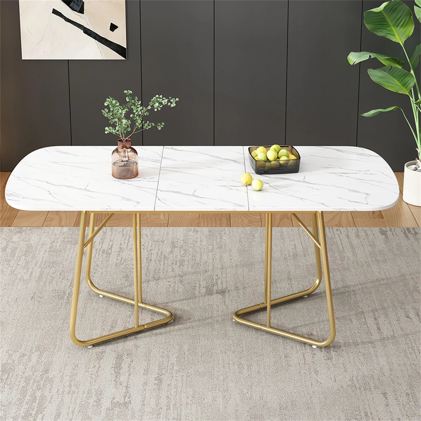 Eettafel – Uitbreidbare Tafel – Uitschuifbare Eettafel – Moderne Tafel – MDF Tafelblad – Marmerlook – Gouden Metalen Poten - 120-180 x 80 x 75 cm - Wit