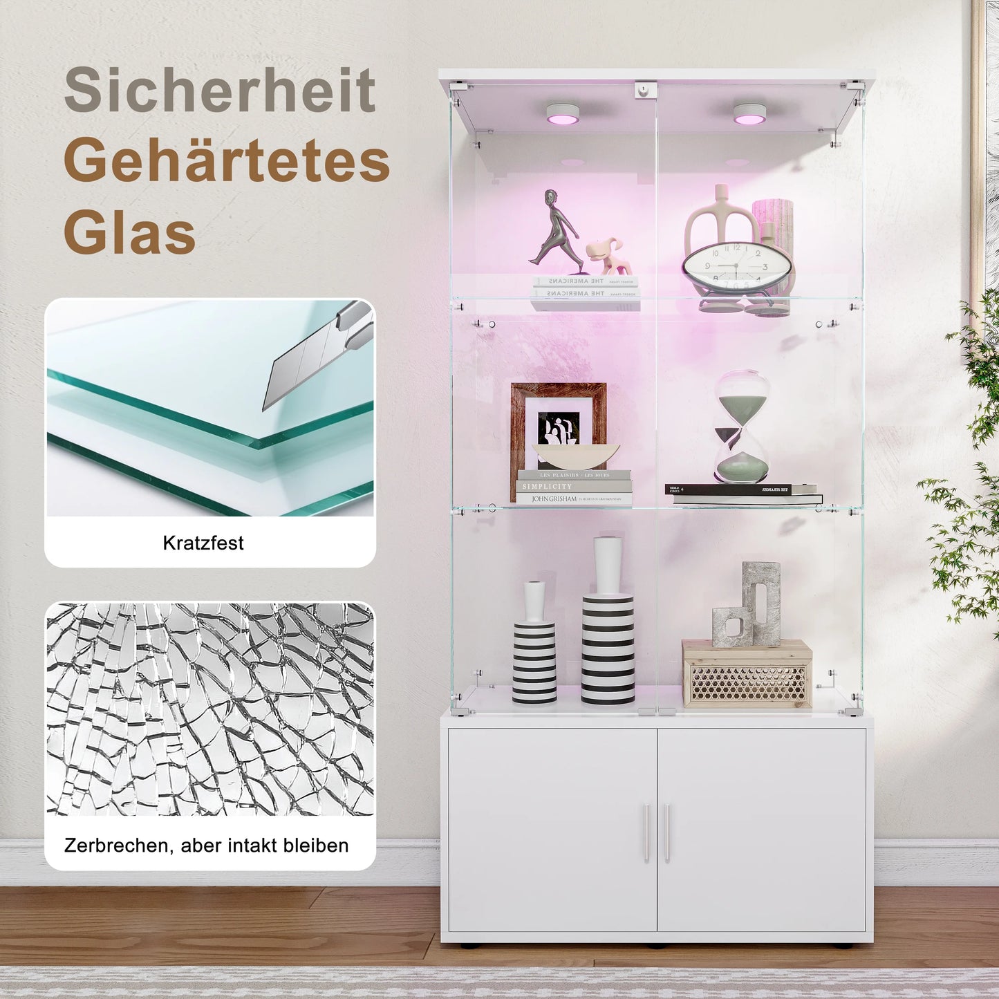 Rosahqnda LED Glass Display Case, 78x35x164cm, with 3 shelves and double doors, living room Curiosities wardrobe Modern Display Case wardrobe