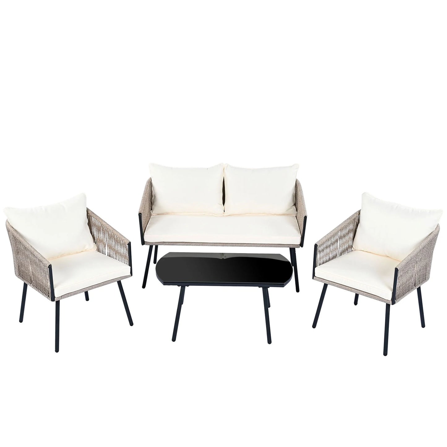 Tuinmeubelset – Loungeset – Tuinbank – Loungestoelen – Salontafel – Gegalvaniseerd Stalen Frame – Weerbestendig Touw - Beige