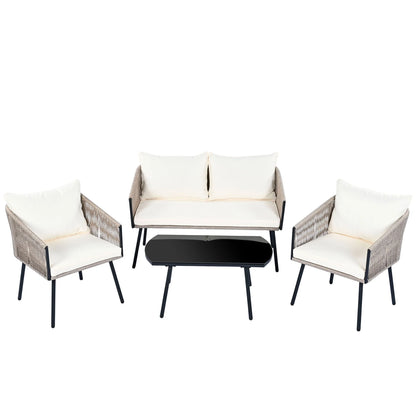 Tuinmeubelset – Loungeset – Tuinbank – Loungestoelen – Salontafel – Gegalvaniseerd Stalen Frame – Weerbestendig Touw - Beige