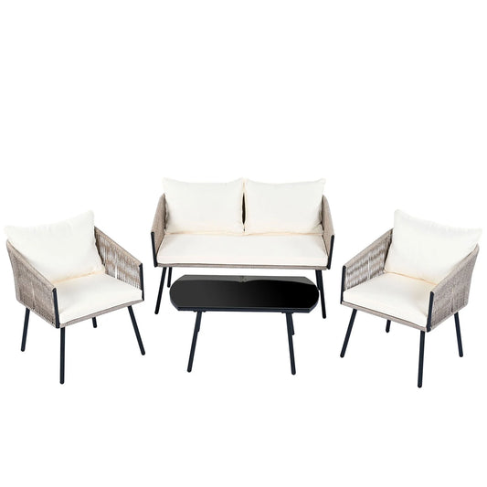 Tuinmeubelset – Loungeset – Tuinbank – Loungestoelen – Salontafel – Gegalvaniseerd Stalen Frame – Weerbestendig Touw - Beige