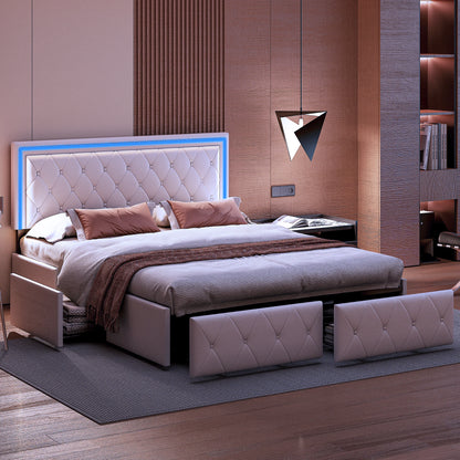 Bed – Bedframe – Slaapbank – Ledikant – Opbergbed – Beige – 140x200 cm – 4 Ruime Lades – Stevig Metalen Frame