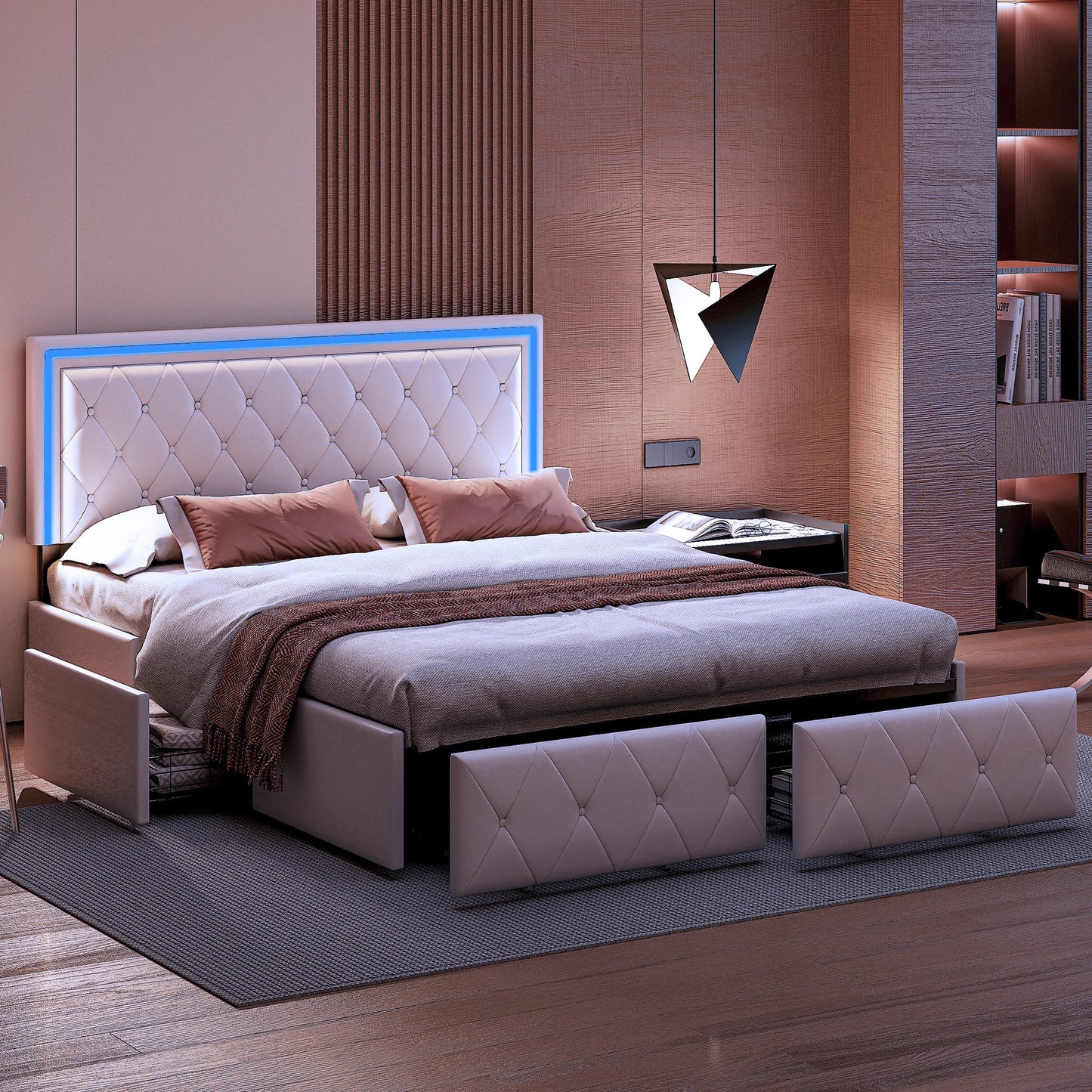 Bed – Bedframe – Slaapbed – Opbergbed – Kunstleerbed – Beige – 160x200 cm – Met 4 Opberglades – Stevig Metalen Frame