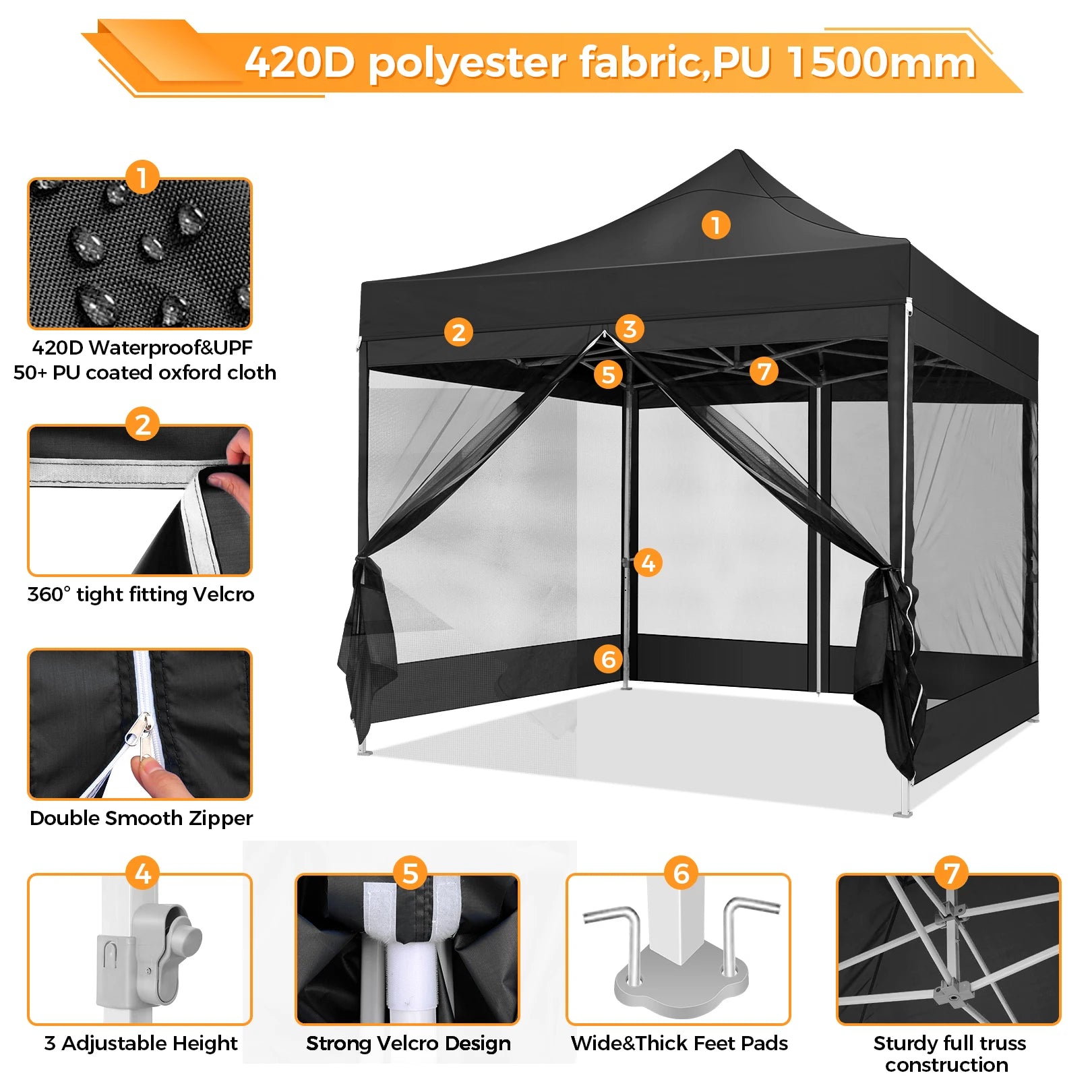Partytent – Tuinkamer – Vouwtent – Schaduwtent – Markttent – Waterdicht – UV-Bescherming - Zwart - QUORE