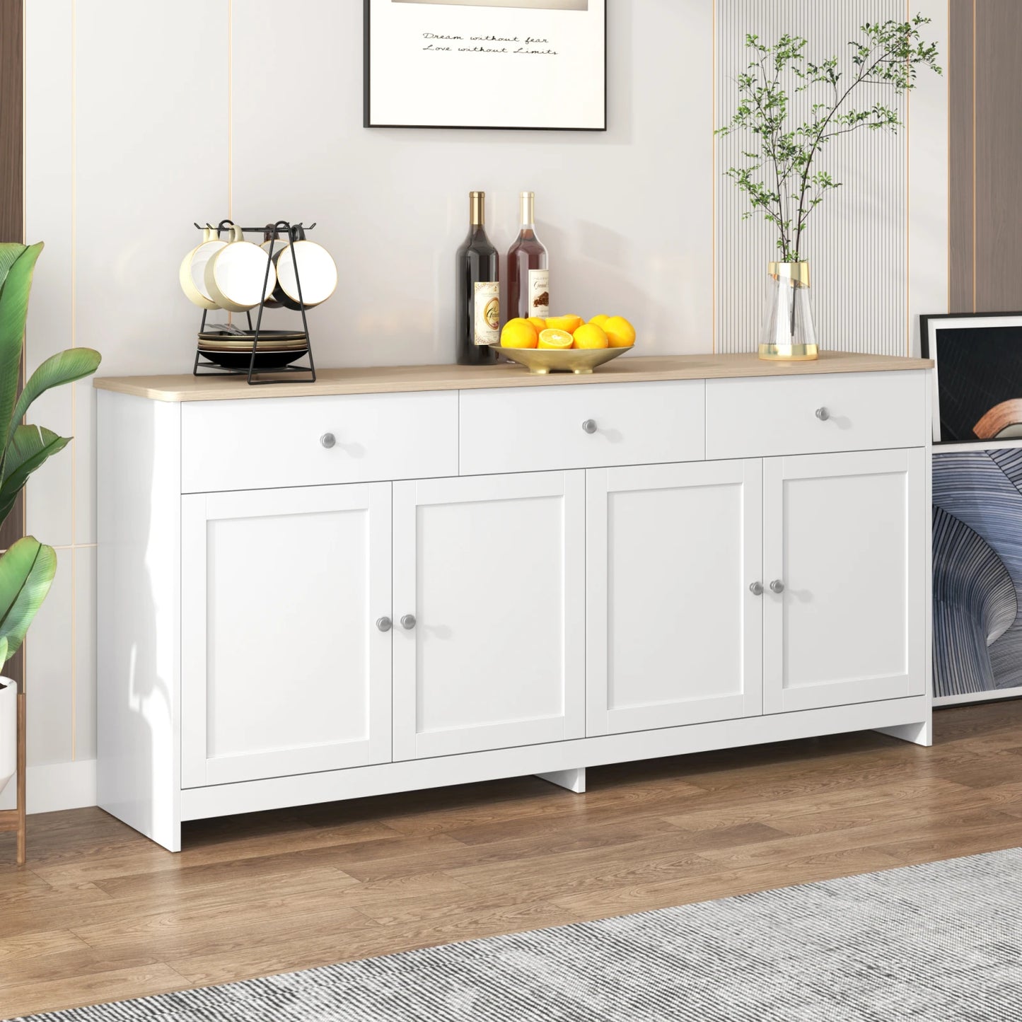 Sideboard – Dressoir – Opbergkast – Kast – Buffetkast – Wit Met Houtaccent – 160x37x75 cm – 4 Deuren En 3 Laden