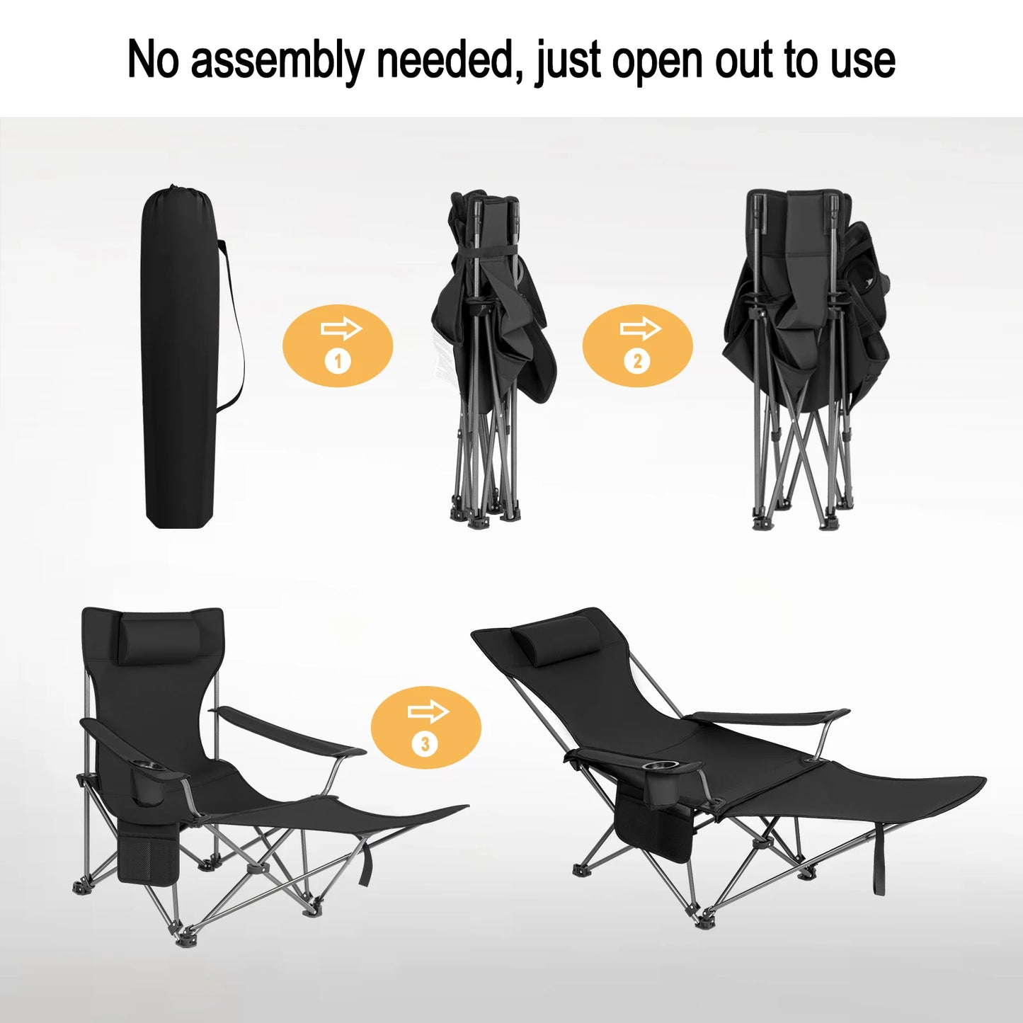 Kampeerstoel - Opvouwbare Campingstoel - Strandstoel - Verstelbare Rugleuning - Met Voetensteun - 2-in-1 Design - Lichtgewicht en Draagbaar - Voor Strand - Tuin en Outdoor - Zwart