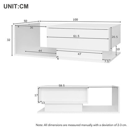 Salontafel – Glanzende Tafel – Moderne Salontafel – Lade – Robuust – Schokbestendig Glazen Blad - 100x50x32 cm - WIt