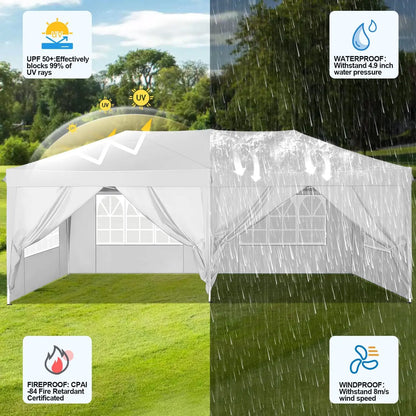 Partytent – Opvouwbaar Tuinhuisje – Buiten Tent – Schaduw Tent – 3x6 Meter – Waterdicht 210D Oxford – Verstelbare Hoogte - Wit - QUORE