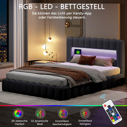 Tweepersoonsbed – Bed – Slaapbed – Bedframe – Gestoffeerd Bed – Grijs 140x200 cm – Verlicht Hoofdbord Met Instelbare LED’s – Ingebouwde USB-Oplaadpoort