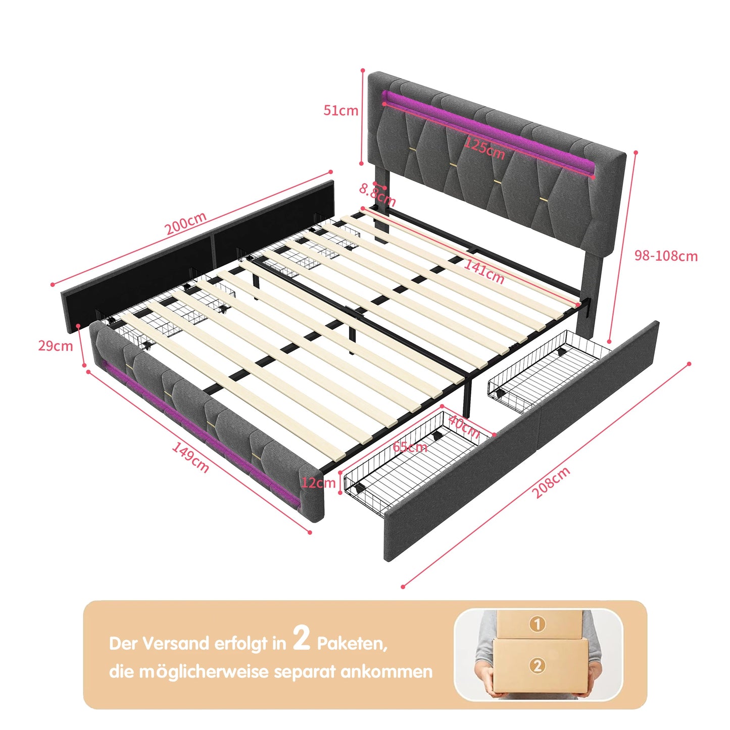 Gestoffeerd Tweepersoonsbed – 140 x 200 cm – Bedframe – Slaapbank – Opbergbed – Led Bed – Verstelbaar Hoofdeinde – USB Oplaadpoort – 4 Lade Opbergruimte – Dimbare LED-verlichting