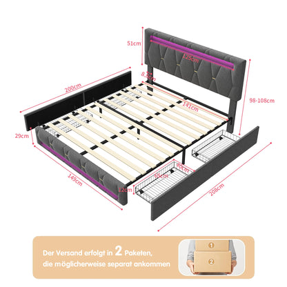 Gestoffeerd Tweepersoonsbed – 140 x 200 cm – Bedframe – Slaapbank – Opbergbed – Led Bed – Verstelbaar Hoofdeinde – USB Oplaadpoort – 4 Lade Opbergruimte – Dimbare LED-verlichting