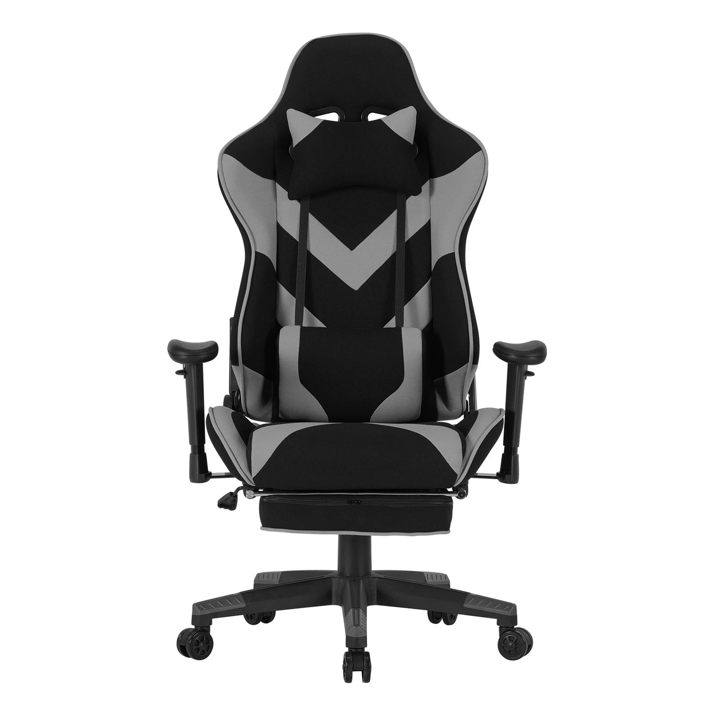Gaming Stoel - Bureau – Racing - Ergonomische - Verstelbare - met Voetsteun - 155° Ligstand - Nekkussen - Lenden - Kunstleer – 360° Draaibare Wielen - Tot 136 kg Draagvermogen - Grijze Stof
