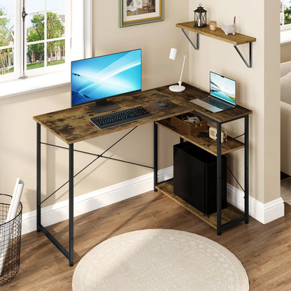 Bureau - Game Bureau - Hoekbureau - Gaming Bureau - 120x72.5x72cm - L-Vormig Bureau - Hoektafel met Omkeerbare Planken en Opbergruimte - voor Woonkamer, Slaapkamer, Studie - Vintage Bruin