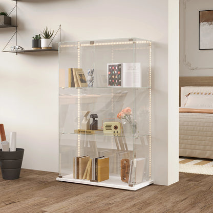 Vitrinekast – Glasvitrine – Displaykast – Showkast – Opbergkast – 360 Graden Zichtbaarheid – Ingebouwde LED-Verlichting – Wit – 3 Planken – Dubbele Deuren