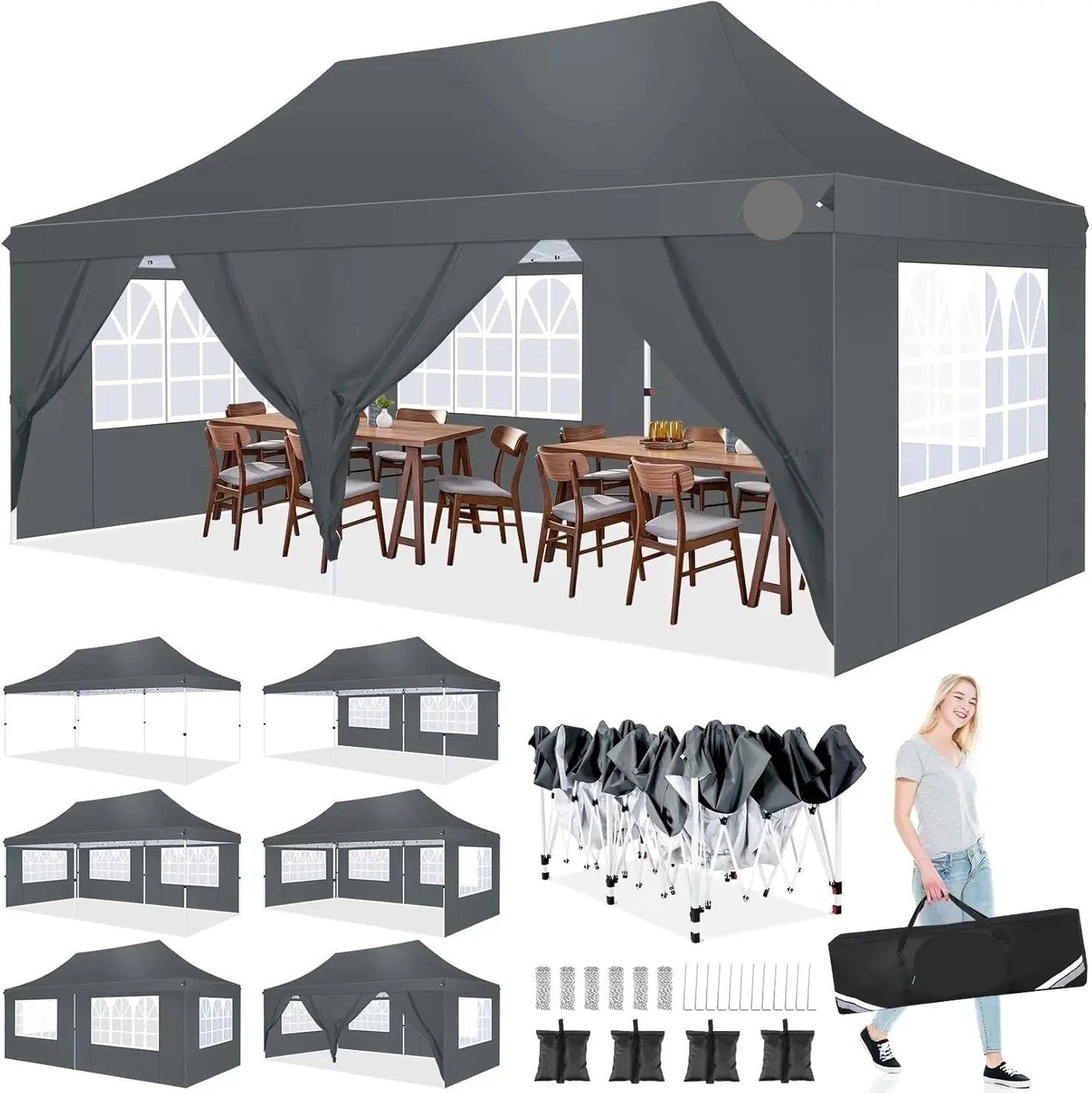Partytent - Pop-Up Partytenten - Easy up Tent - Vouwtent - Party Tent Opvouwbaar - 3x6m - 6 Zijwanden - UV50+ Tuinpaviljoen - Waterdichte - voor Feest - Markt - BBQ of Camping - Grijs