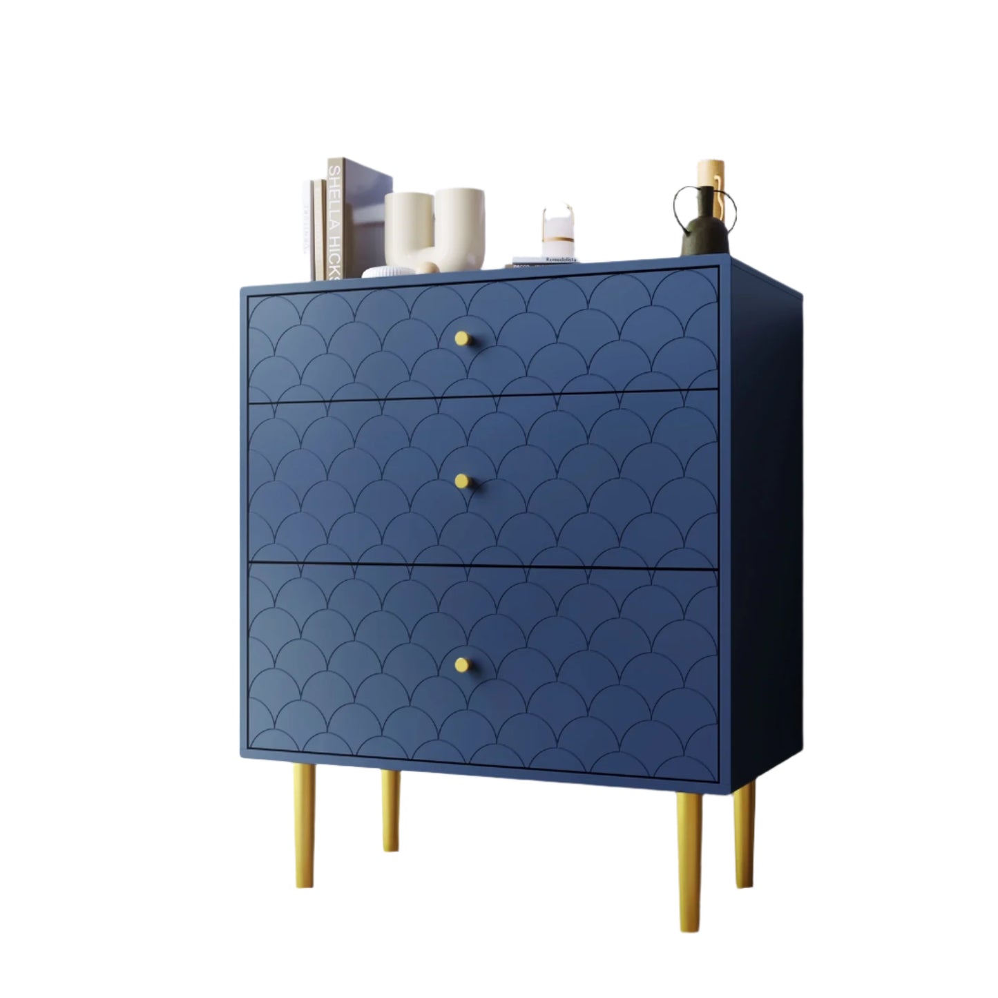 Nachtkastje – Bedkastje – Opbergkastje – Slaapkamerkast – Vis-Schubpatroon – Drie Lades – Afgeronde Hoeken - Blauw
